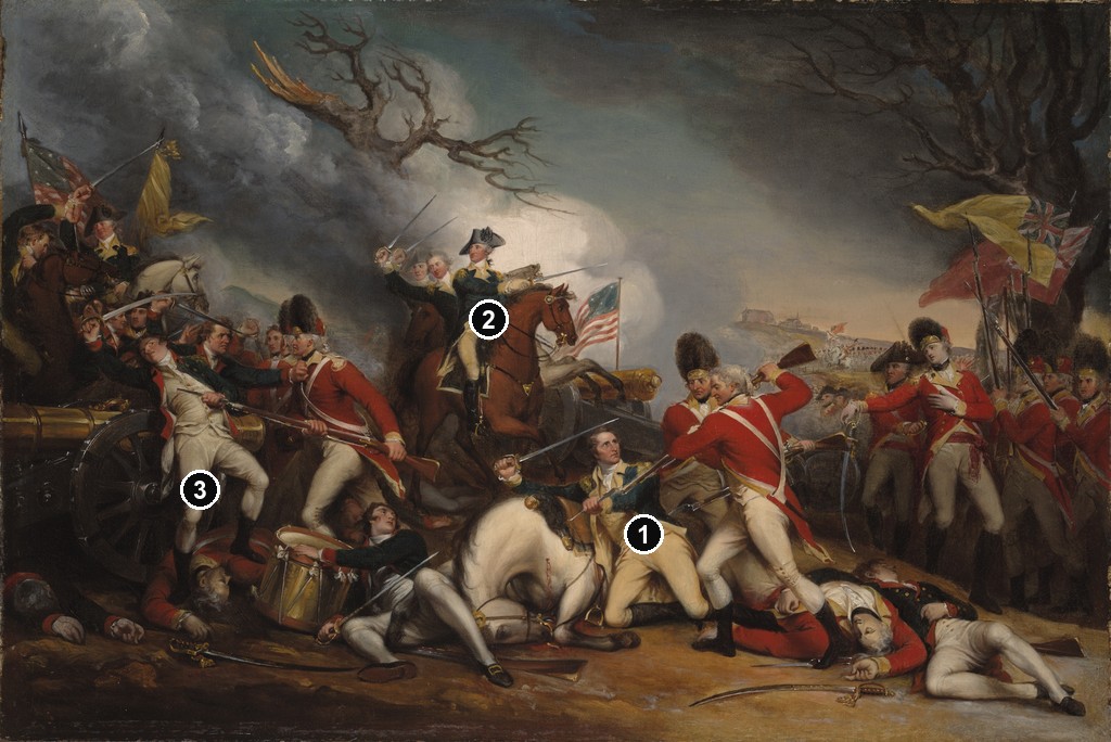 Annotated details from The Death of General Mercer at Princeton by John Trumbull
